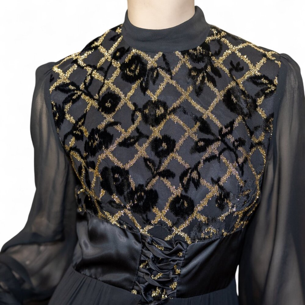Vintage 70s Shubette of London Velvet Devore Prairie Gothic Maxi Dress * Medium - Picture 7 of 13